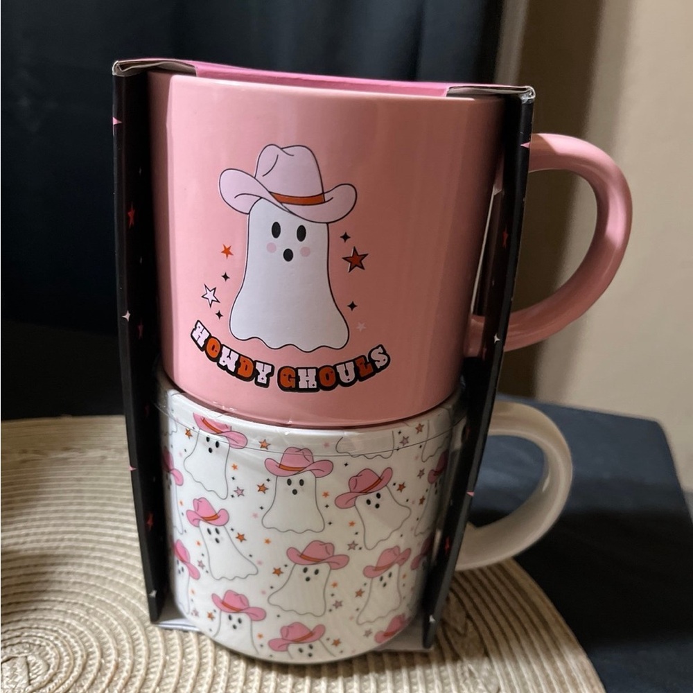 Howdy Ghouls Pink Ghost Cowgirl Stackable Mug Set